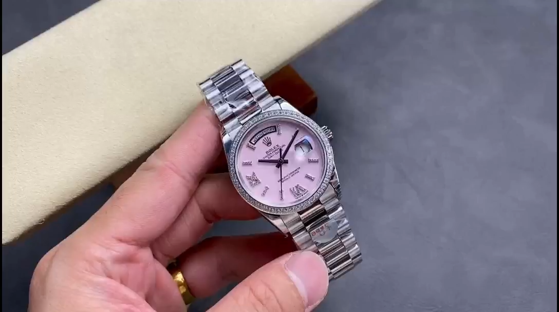Rolex Day Date 36 Platinum Pink Opal Diamond-Set Roman Dial Diamond Bezel m128396tbr 0009