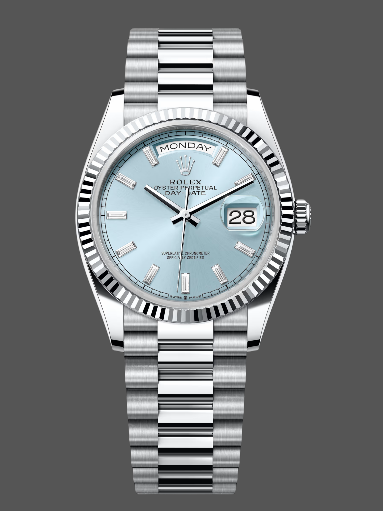 Replica Rolex Day Date 36 Fluted Bezel Platinum Bracelet 128236 0009