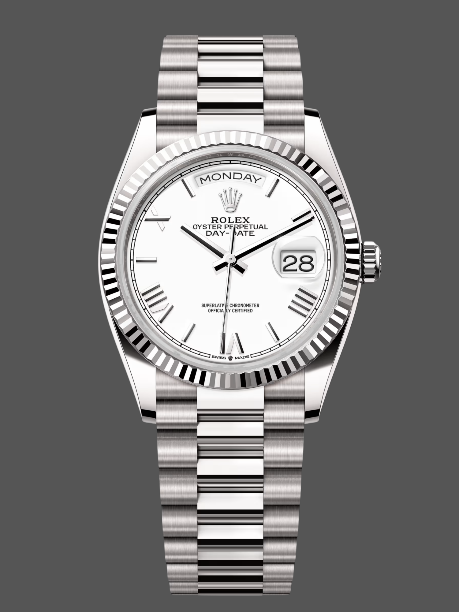Replica Rolex Day Date 36 White Dial Fluted Bezel White Gold m128239 0059 President Watch