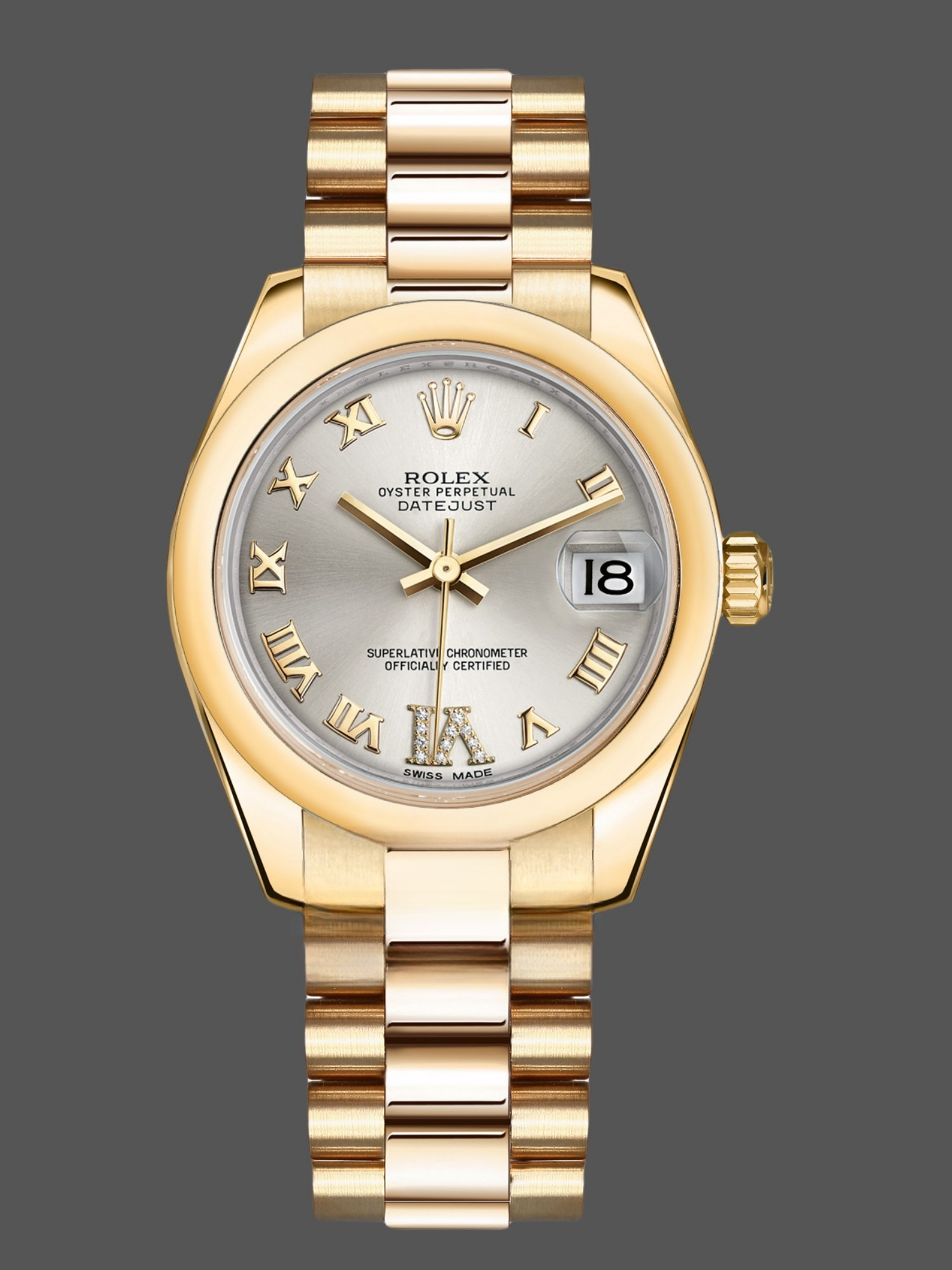 Replica Rolex Datejust 31 Silver VI Daimond Dial 18k Yellow Gold Watch 178248