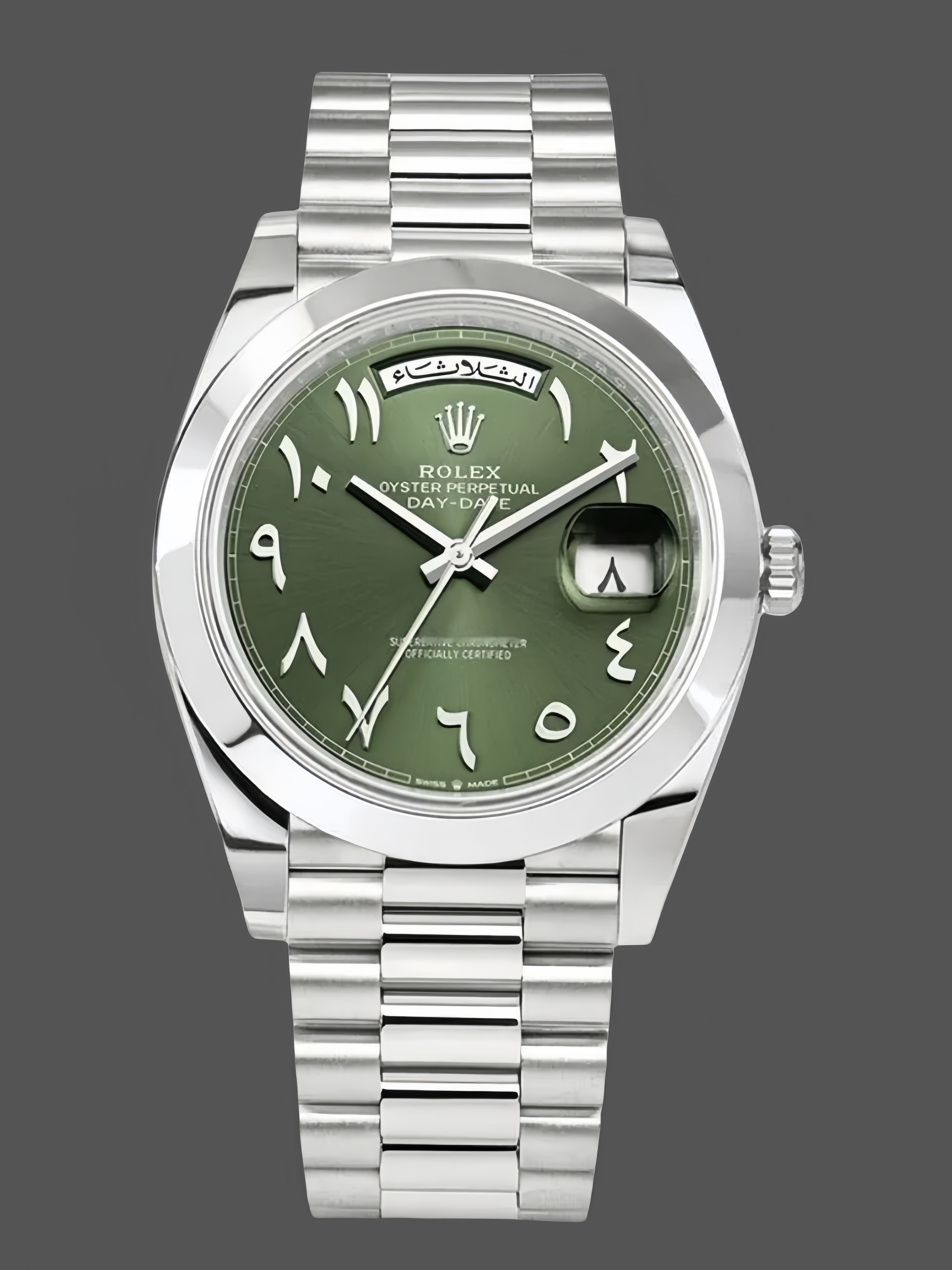 Replica Rolex Day-Date 40mm Arabic Platinum Olive Dial 228206