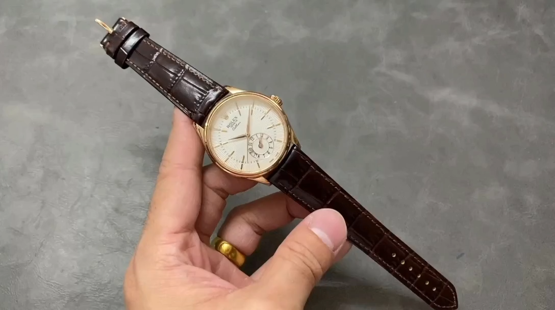 Rolex Cellini Dual Time 50525 Silver Dial Brown Leather Strap 39mm Mens Replica Watch