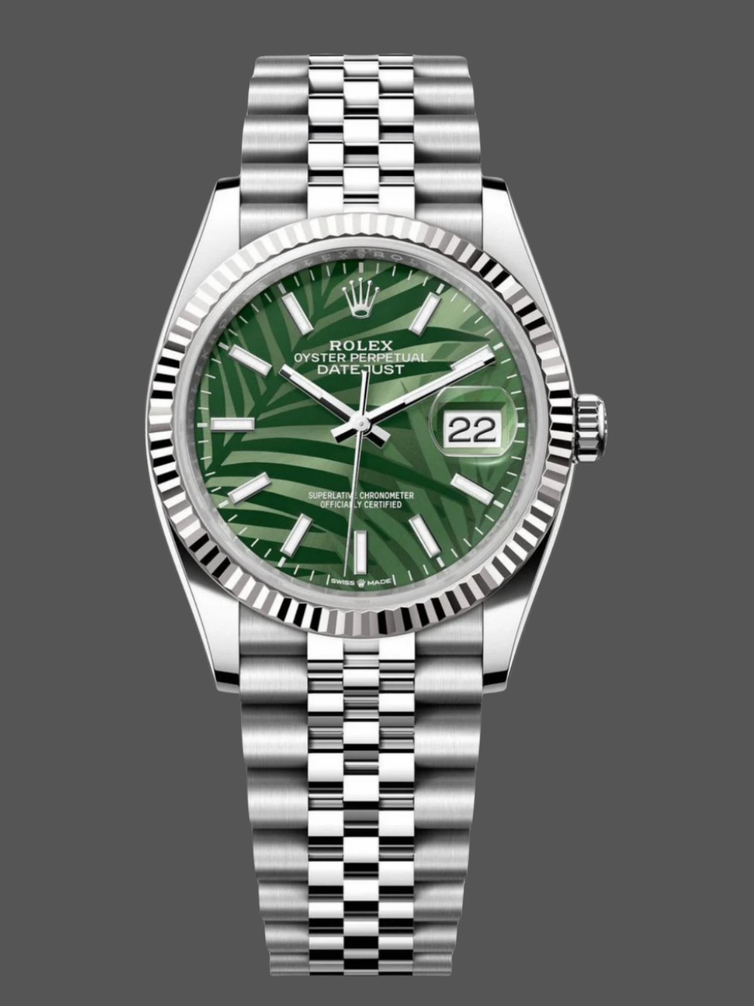 Replica Rolex Datejust 36mm Fluted Bezel Green Palm Index Dial Jubilee 126234 0047