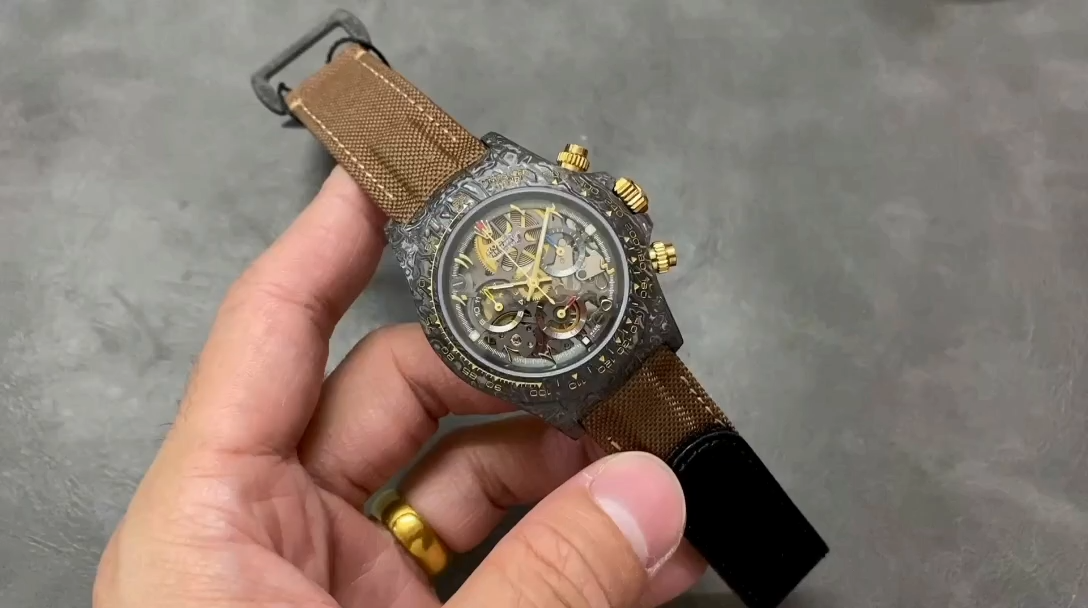 Replica Rolex Daytona Cosmograph DIW Carbon Case Skeleton Dial Brwon Nylon Strap