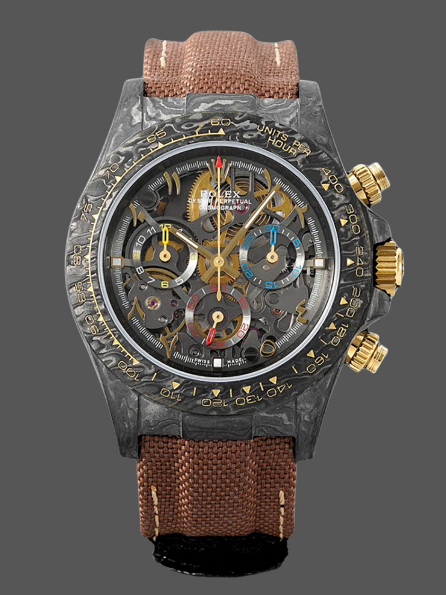 Replica Rolex Daytona Cosmograph DIW Carbon Case Skeleton Dial Brwon Nylon Strap