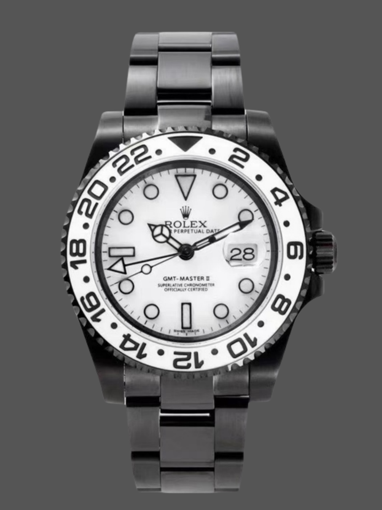 Replica Rolex GMT Master II Black PVDDLC Coated White Dial Stainless Steel 16710 Men's Watch